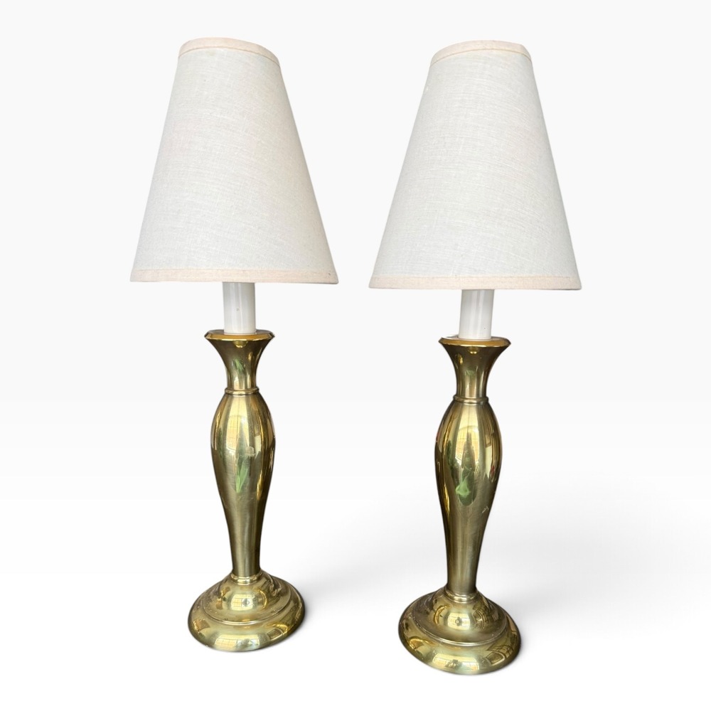 Vintage Stiffel Brass Table Lamps Pair Mid Century Modern with Shades 16 Inch